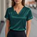 Summer Commuter Satin Asymmetrical V-Neck Short Sleeve Shirt Women_ecoleips.com