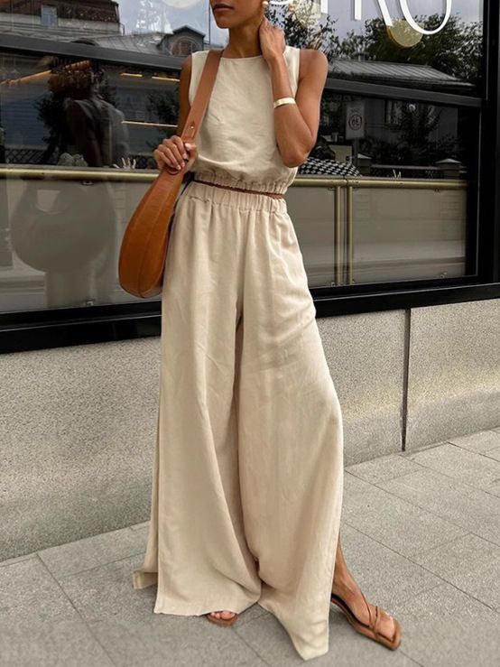 Women's Clothing Cotton And Linen Solid Color Suit Spring And Summer Casual Women's Vest Slit Trousers Two Piece Suit_ecoleips.com