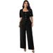 Large Size Women's Clothing Solid Color Square Neck Waist Top Straight Trousers Set Bubble Sleeve Top Drape Wide Leg Pants_ecoleips.com