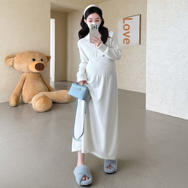 Autumn Winter New Korean Fashion Half High Collar Zipper Knitted Maternity Dress_ecoleips.com
