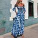 Elegant Off-Shoulder Floral Print Maxi Dress For Women – Stretchy Polyester, A-Line Silhouette, Boho & Office Chic (Blue/Orange, S-Xl)_ecoleips.com
