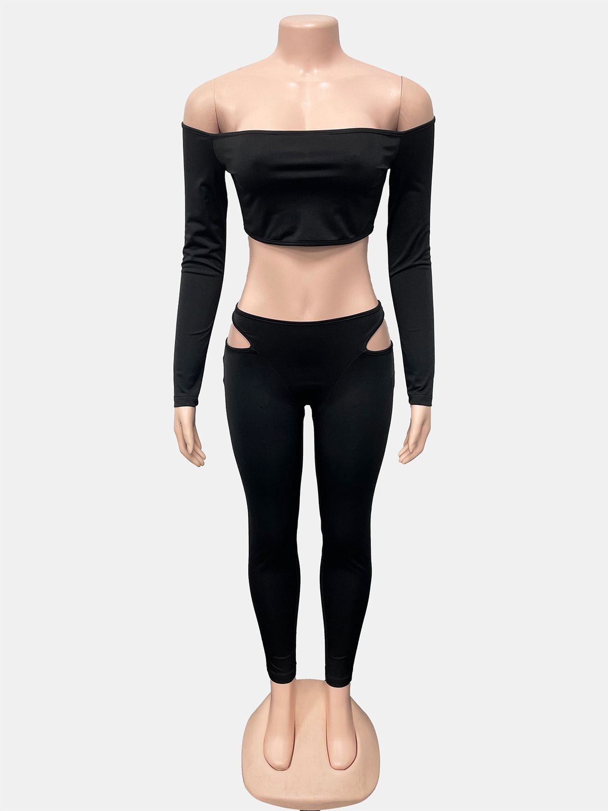 Women's European American Style Two Piece Set Off-Shoulder Top And Trousers Long/Short Sleeve Hollowed Out Tight-Fitting Autumn Wear_ecoleips.com
