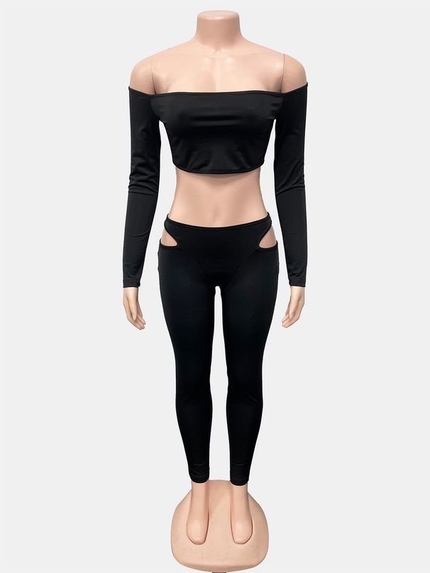 Women's European American Style Two Piece Set Off-Shoulder Top And Trousers Long/Short Sleeve Hollowed Out Tight-Fitting Autumn Wear_ecoleips.com