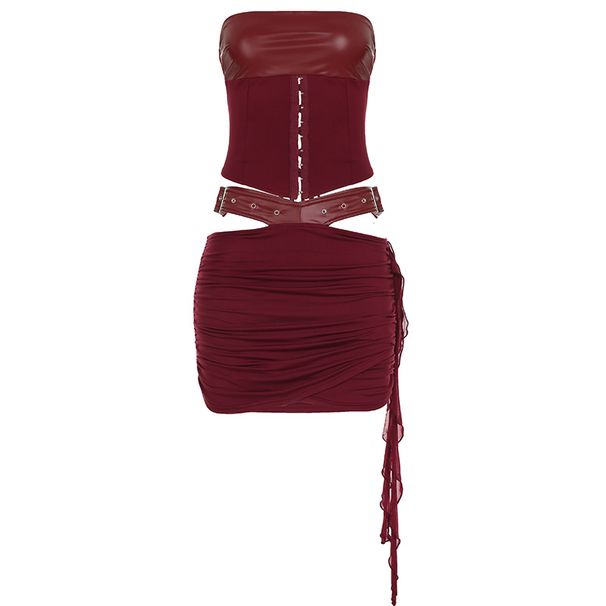 New Retro Court Style Women's Skirt Two-piece Set Slim Waist Strap Tube Top Leather Hollow Hanging Waist Hip Skirt Suit Women_ecoleips.com