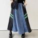 New Style Retro Design Stitching Contrast Color Denim Skirt Elastic Waist Drawstring Loose Long Skirt_ecoleips.com