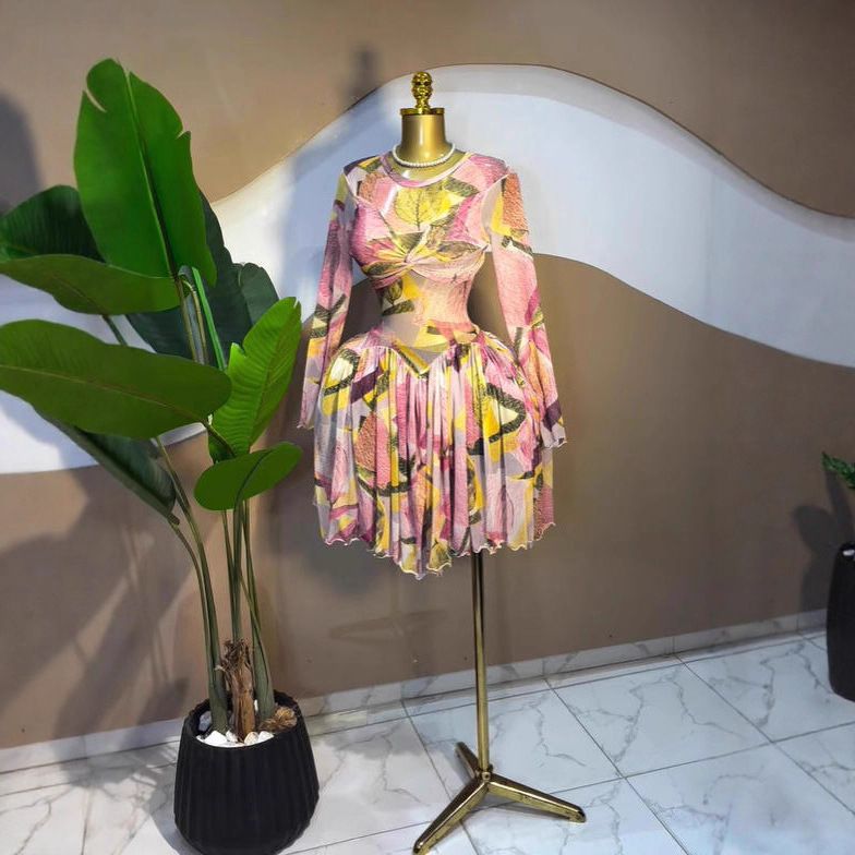 Women's Mesh Sheer Long Sleeve Dress Sweet Leaf Print Short Skirt Pleated American Style_ecoleips.com