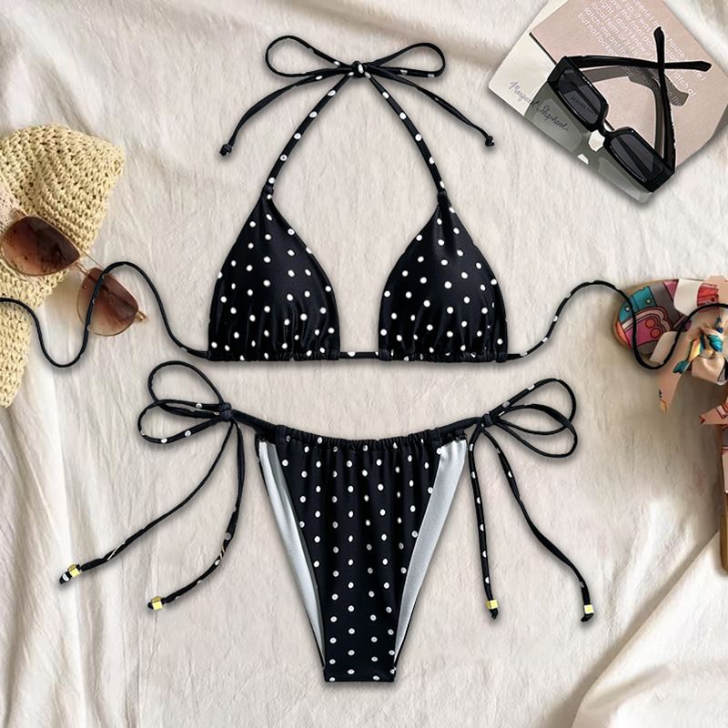 Women's Clothing Sexy Polka Dot Print Bikini New Split Swimsuit Tether Sling Three Point Swimsuit_ecoleips.com