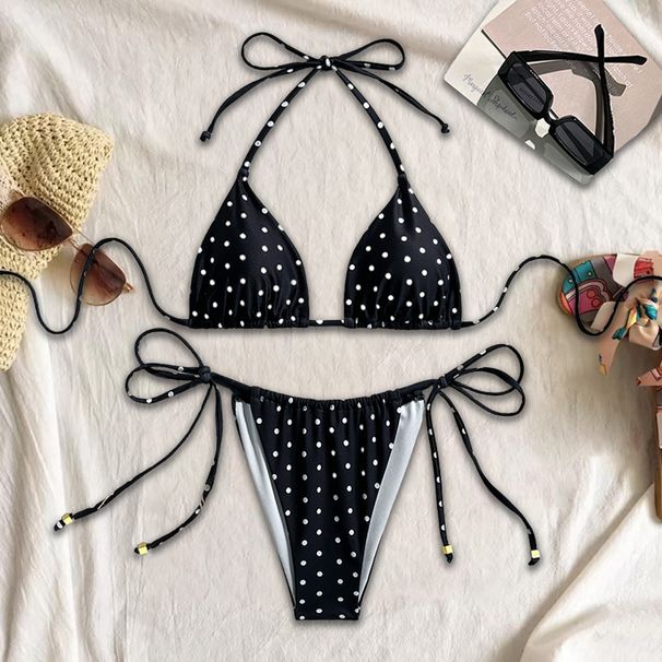 Women's Clothing Sexy Polka Dot Print Bikini New Split Swimsuit Tether Sling Three Point Swimsuit_ecoleips.com