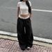 Women's Dark Woven Slim Trousers with Pockets Lace Bow Stitching Streetwear Casual Workwear Loose Fit_ecoleips.com