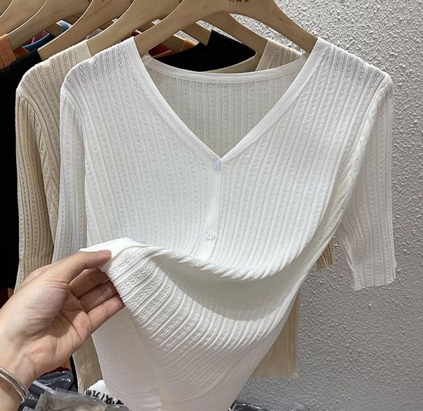 Summer New Women's Ice Silk Knit Cardigan V Neck Short Sleeve Thin Design Simple Red Top T-Shirt_ecoleips.com