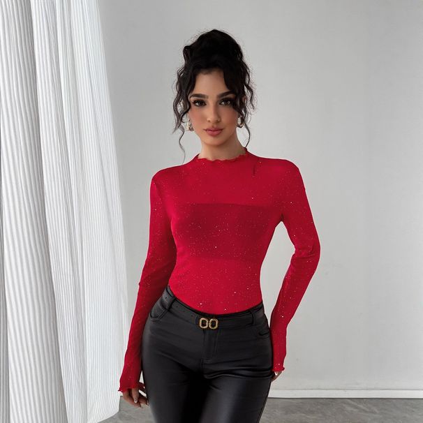 Women's Slim Fit Sequined Top Long Sleeves Sparkly Bling Early Autumn Style Thin Commuter Top_ecoleips.com