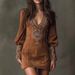Women's Long Sleeved V-Neck Dress Sexy Embroidered American Style Casual Elegant Fashion Summer Dress For Ladies_ecoleips.com