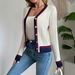 Women's V-Neck Button Cardigan - Preppy Contrast Trim Knit Sweater For Autumn Layering In White/Grey/Navy_ecoleips.com