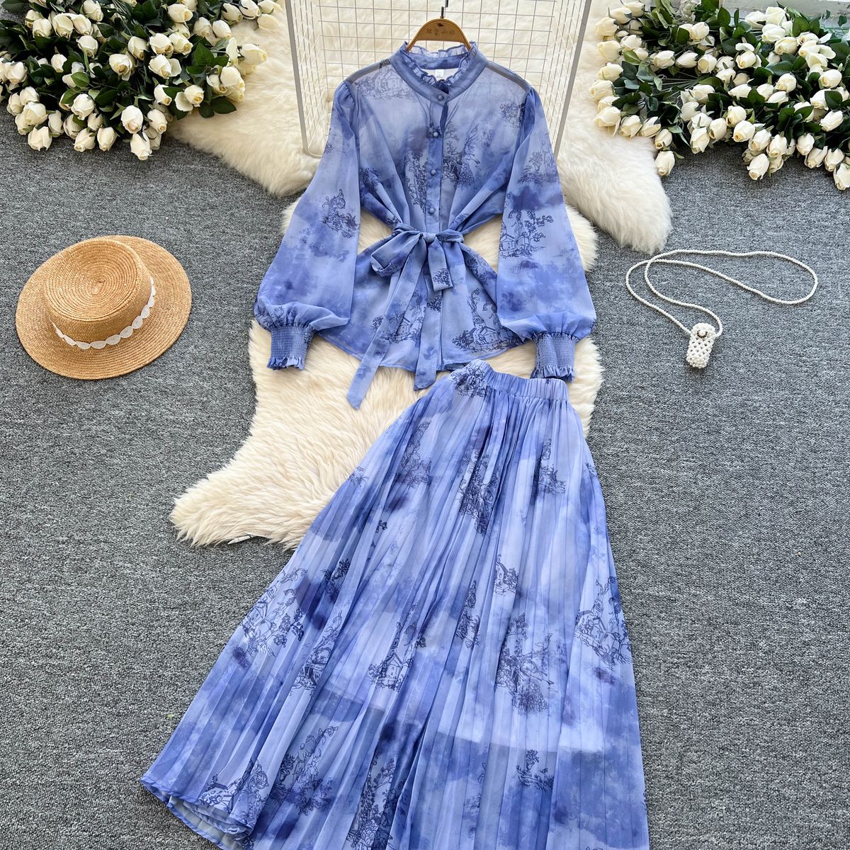Women's French Style Chiffon Top And High-Waisted Pants Set with Tie Waist Lantern Sleeves Print Half-Length Design_ecoleips.com
