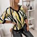 New European American Cross-border And Striped Deep V-neck With Color-blocked Collar, 7/8 Sleeves,_ecoleips.com