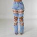 Women's Pearl Embellished Ripped Jeans - Stretch Wide Leg Denim Pants, Vintage Washed Loose Fit For Streetwear & Casual_ecoleips.com