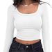 Women's Ribbed Square Neck Long Sleeve T-Shirt – Slim Fit Stretch Top, Breathable & Versatile For Casual & Layering_ecoleips.com