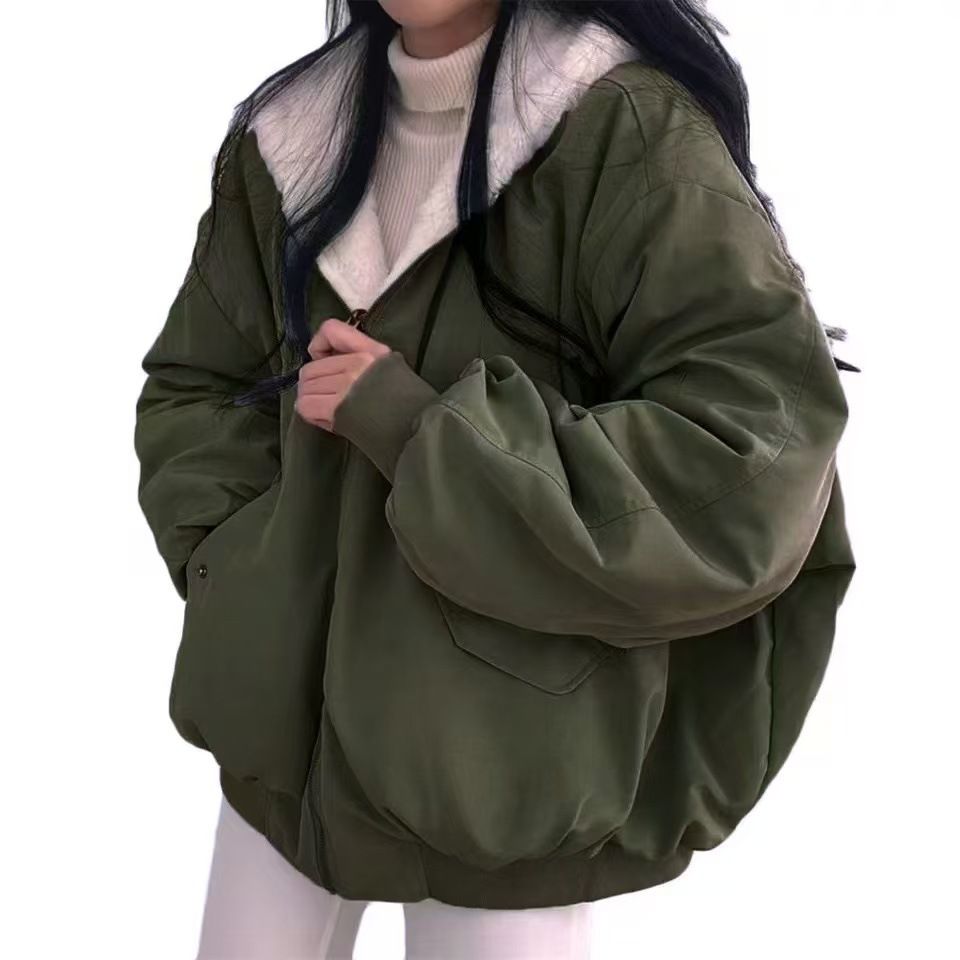 Korean-Style Reversible Sherpa Fleece Jacket, Thickened Winter Coat For Women, Zip-Up Hooded Outerwear In Black, Beige, Blue & Army Green_ecoleips.com