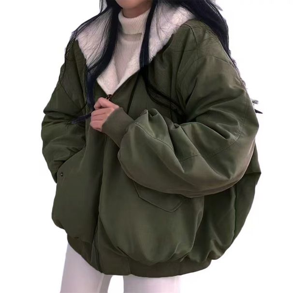 Korean-Style Reversible Sherpa Fleece Jacket, Thickened Winter Coat For Women, Zip-Up Hooded Outerwear In Black, Beige, Blue & Army Green_ecoleips.com