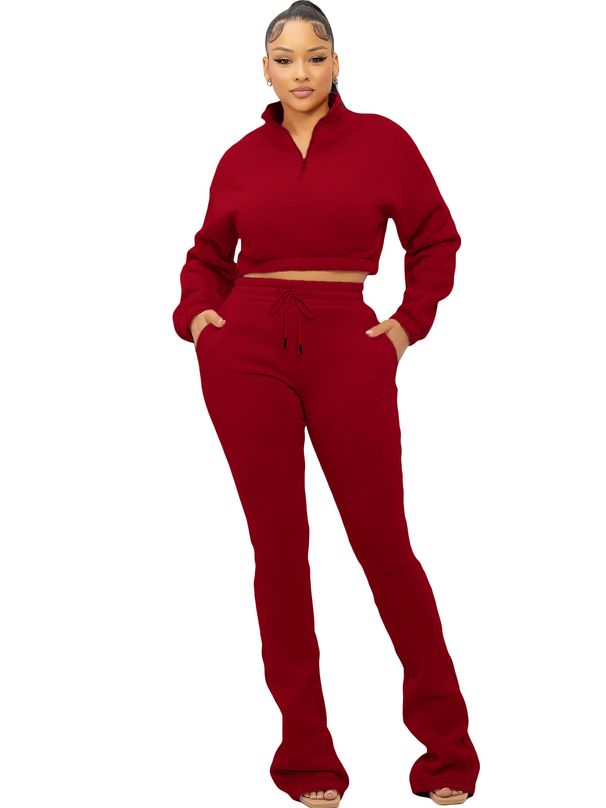 Women's Stylish Half-Zip Cropped Fleece Hoodie With Flared Pants Lounge Two-Piece Set_ecoleips.com