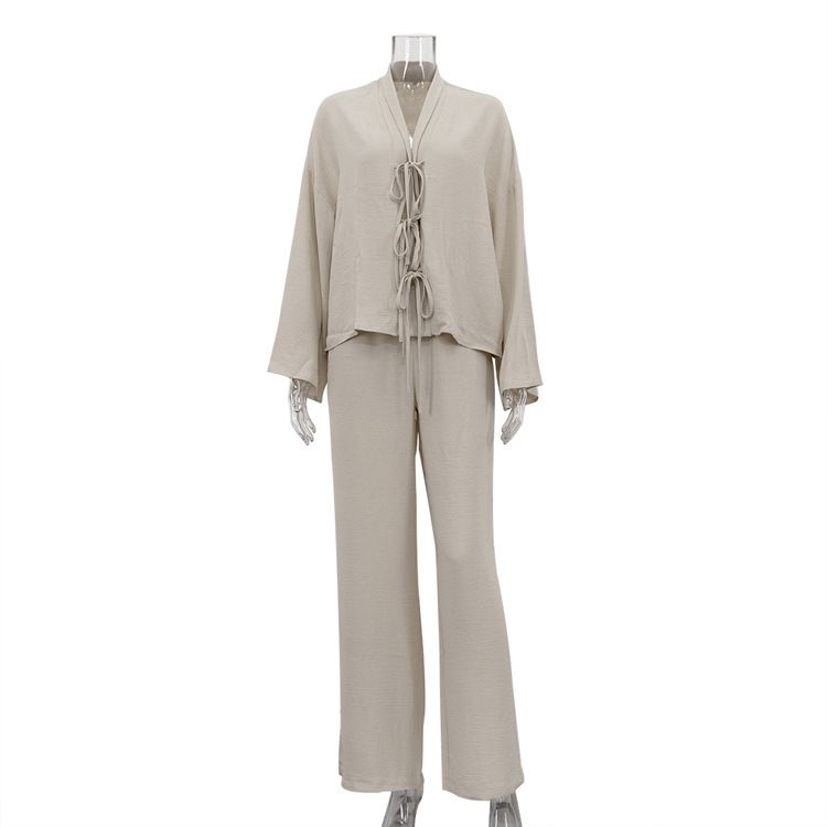 2025 Autumn New Solid Color Casual Two-Piece Set European American Style Fashionable High-End Tie-Waist Shirt And_ecoleips.com