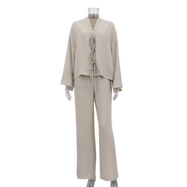 2025 Autumn New Solid Color Casual Two-Piece Set European American Style Fashionable High-End Tie-Waist Shirt And_ecoleips.com