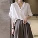 Women's Vintage Short Sleeve Shirt Loose Batwing Casual Blouse Breathable Summer Top in White Hong Kong Style_ecoleips.com