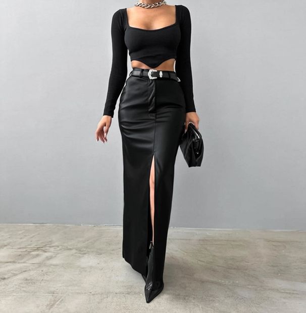 Women's Clothing Style Women's High Waist Slim Skirt Leather Design Solid Color Simple Slit Detail For Formal & Casual For Women_ecoleips.com