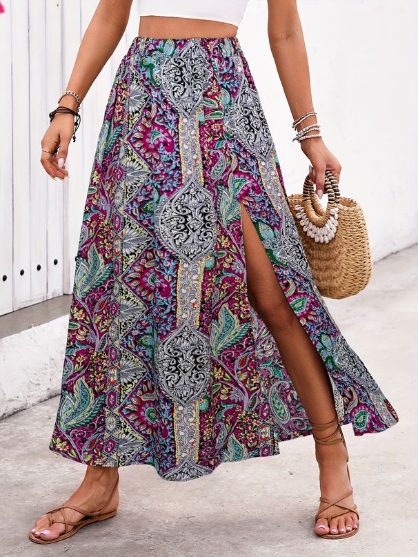 Ethnic Print Wrap Skirt – Flowy High-Low Hem Maxi With Side Slit (S-Xl, Multi-Color) Breathable Fabric_ecoleips.com