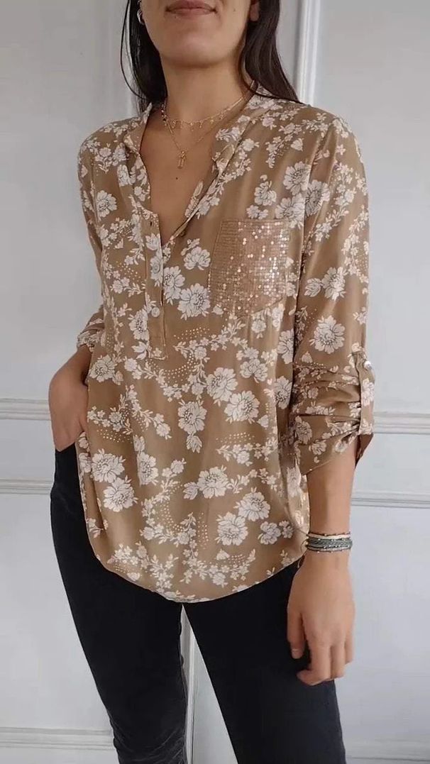 Women's Clothing spring new loose casual long sleeved printed sequin pocket shirt_ecoleips.com