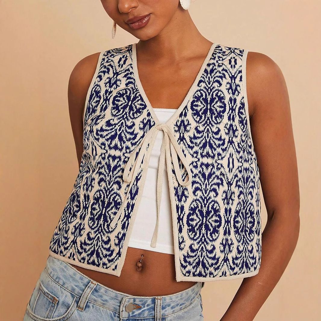 2025 European And American Pants Hot-selling Women's Casual Woven Printed Vest Short Style_ecoleips.com