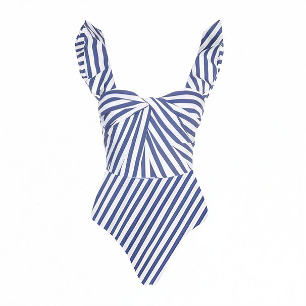 Women's Clothing Blue & White Striped Ruffled One Piece Swimsuit Sexy Vacation Suit Fits True To Size_ecoleips.com