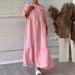 Women’s Clothing Summer Women's Round Neck Gathered Long Sleeves Drawstring Back Tie Solid Color Casual Dress_ecoleips.com