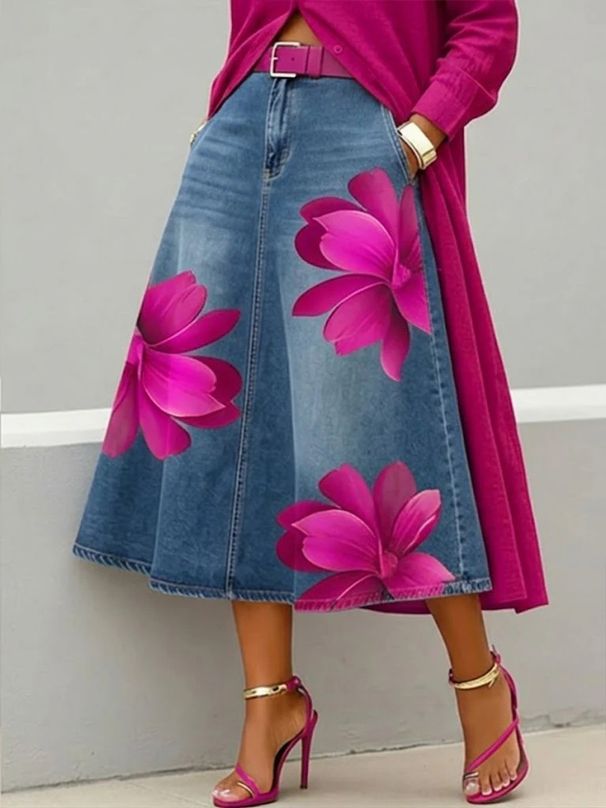 Women's Faux Denim Floral Print Skirt Fashion Everyday Wear_ecoleips.com