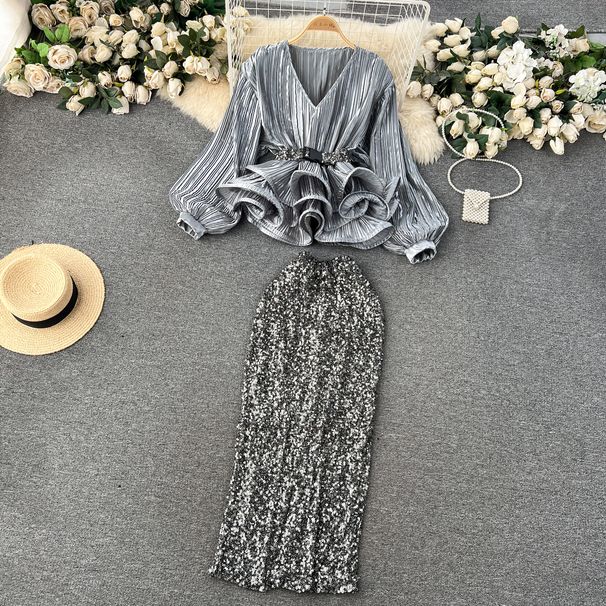 Premium Chic High End Women's Suit Fitted Ruffled Top High Waisted Sequined Hem_ecoleips.com