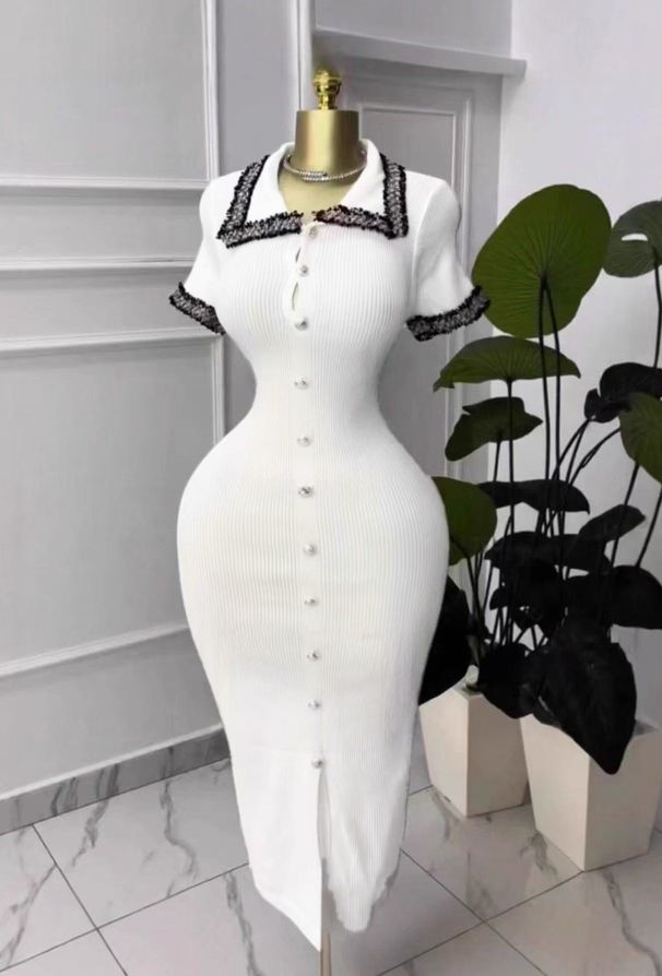 Women's Color Block Knit Dress With Lace Collar Single-Breasted Slim Fit Midi Skirt_ecoleips.com