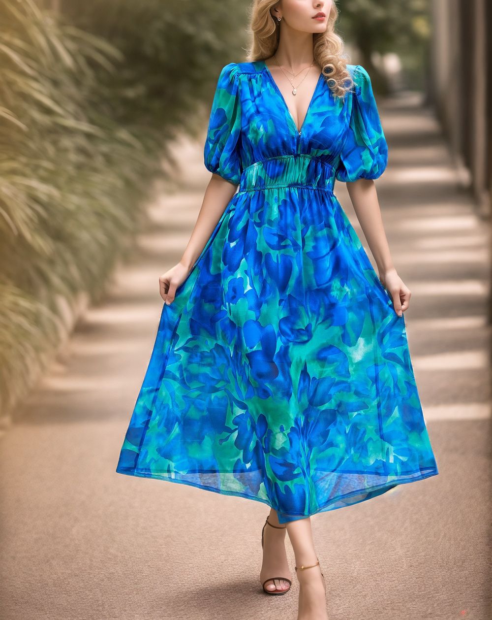 Summer Elegant V Neck Dress Slim Waist Printed Long Women's Clothing European And American Style_ecoleips.com