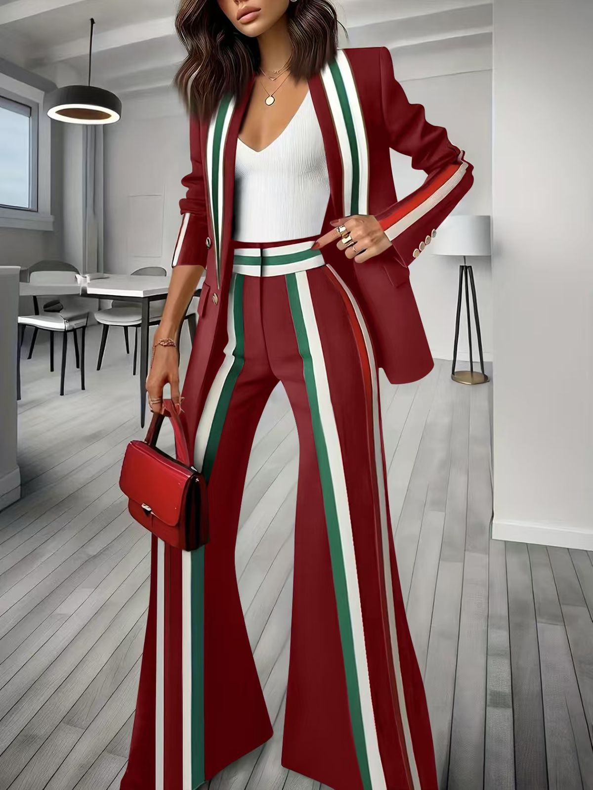 Women's Clothing Striped Color Matching Casual Suit Jacket_ecoleips.com