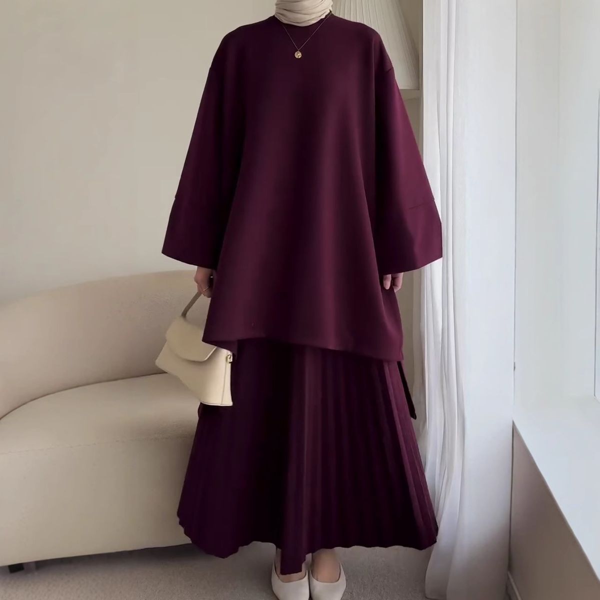 Vintage Elegant Women's Fall Outfit – Loose Fit Round Neck Top & Flowy Midi Skirt Set (Long Sleeve, Ruffled Hem) – Boho Chic Casual Dress_ecoleips.com