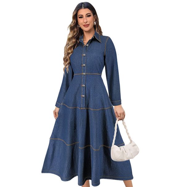 Women's Denim Shirt Dress With Belted Waist, Long Sleeve & Button-Down Collar – Slim Fit Long Maxi Dress For Casual & Streetwear_ecoleips.com