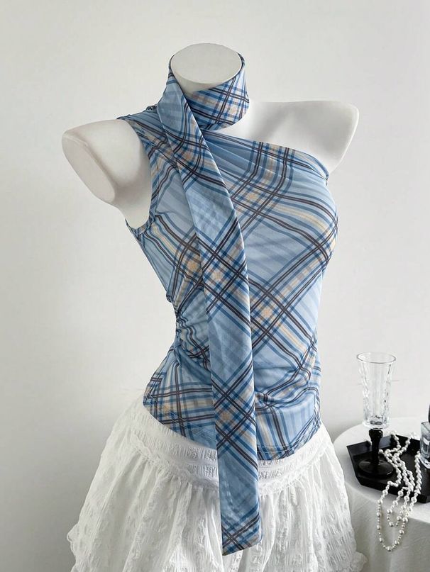 Women's Plaid Halter Neck Camisole Sleeveless Outerwear Sexy Inner Layer Summer Top_ecoleips.com