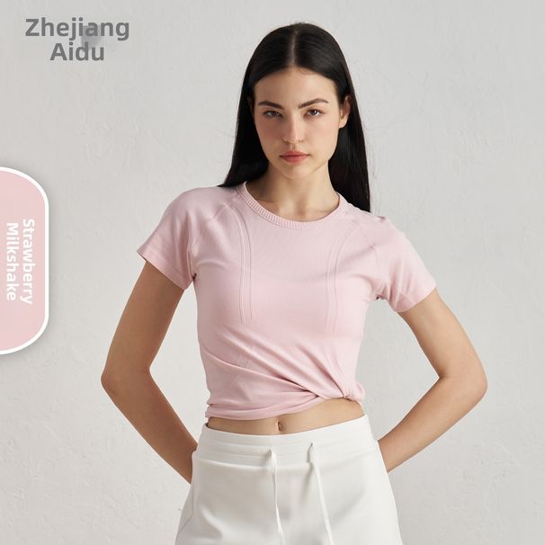 Women's Seamless Yoga T-Shirt Short Sleeve Thin Summer High End Pilates Fitness Training Wear Polyester_ecoleips.com