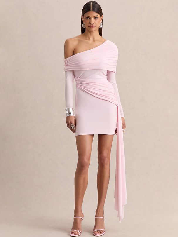 Mozision Diagonal Collar Backless Sexy Mini Dress Women Elegant Long Sleeve Draped Ruched Bodycon Club Party Dresses Female_ecoleips.com