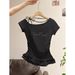 Korean Ballet Style Splice Hem Rhinestone Letter Short Sleeve Women's Summer New Slant Collar Shoulder Exposure Slim Fit Top_ecoleips.com