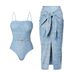 Women's Clothing Sexy Denim Print Bikini Triangle Two Piece Swimsuit Set American Style New_ecoleips.com