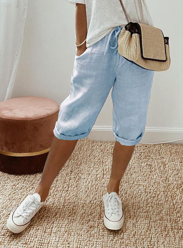 Women's Cotton Linen Casual Pants With Elastic Waist And Pockets Five Point Trousers_ecoleips.com