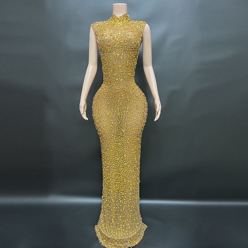 Women's Clothing Gold Sparkling Diamond Low Round Neck Sexy Elegant Party Maxi Dress_ecoleips.com