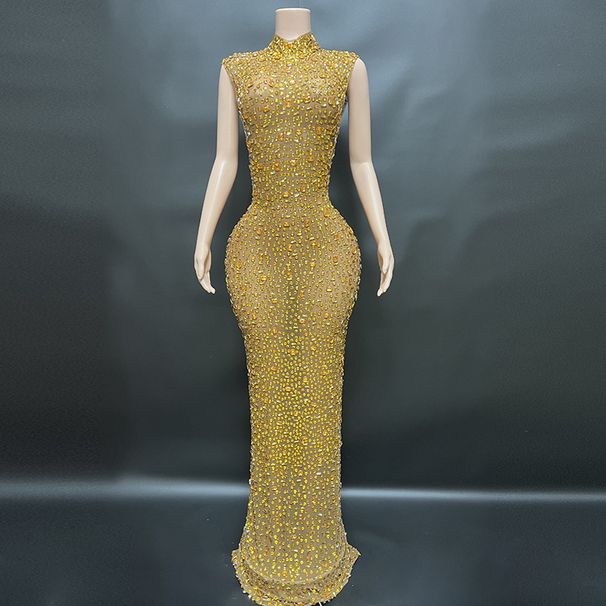 Women's Clothing Gold Sparkling Diamond Low Round Neck Sexy Elegant Party Maxi Dress_ecoleips.com