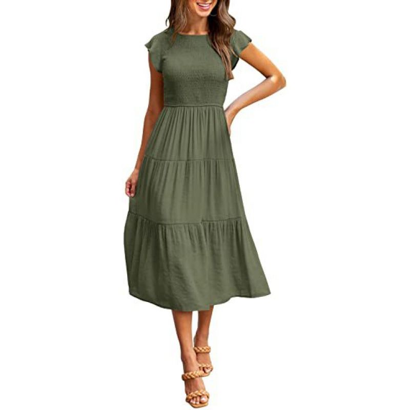 Women's Dress With Flying Sleeves, Pleated Layers, Short Sleeves, And A Wide Skirt_ecoleips.com