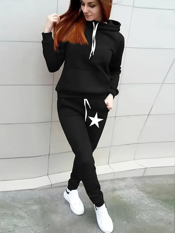Women's Clothing Women's Fleece Lined Hooded Sweatshirt Set With Star Print Autumn Winter Top For Formal & Casual For Women_ecoleips.com